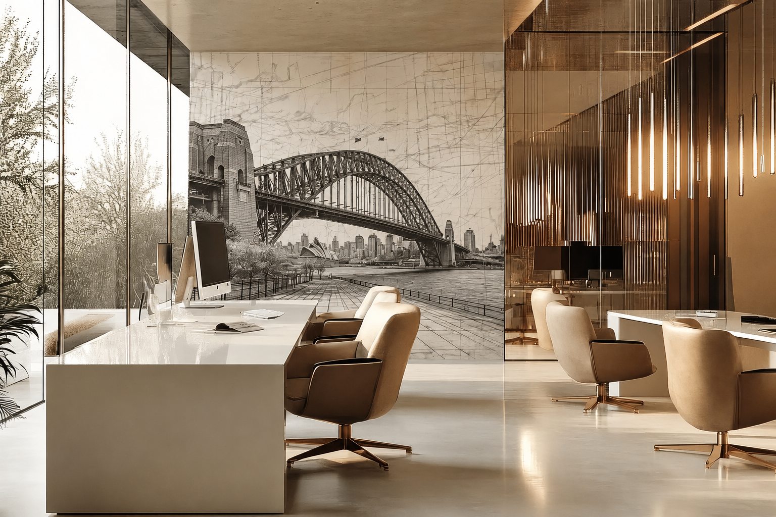 Contemporary office interior with Sydney Harbour Bridge artwork